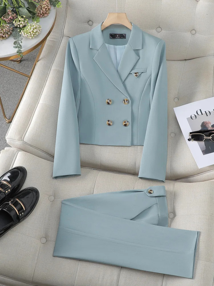 Solid Suits for Women 2024 Spring Fashion Office Ladies Long Sleeve Double Breasted Short Tops Chic Slim High Waisted Pant 250714