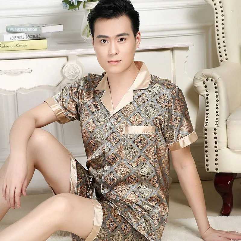 High Quality Mens Pajamas Suit Summer Imitation Ice Silk Sleepwear Thin Short-sleeved Trousers Two-piece Loungewear Suit Male W250717