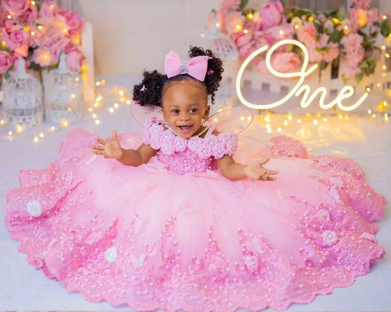 Flower Girl Dresses For Wedding Pink Tulle Pearls Lace Ball Gown Princess First Communion Birthday Photos Shoot Z250716