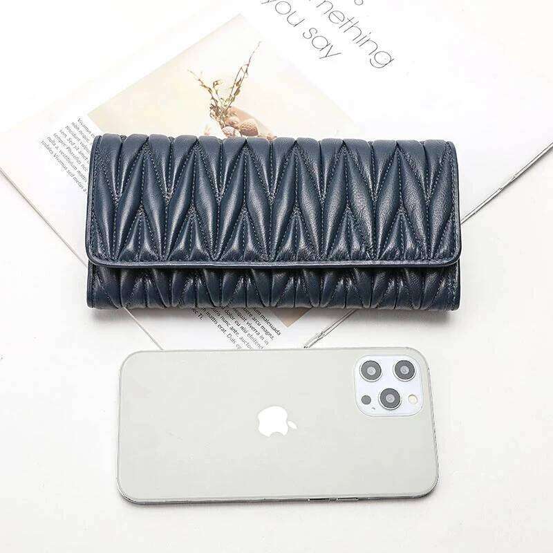Women Long Pleated Wallet Fashion Hasp Zipper Multifunction Card Holder Sheepskin Genuine Leather Female Coin Clutch Purse