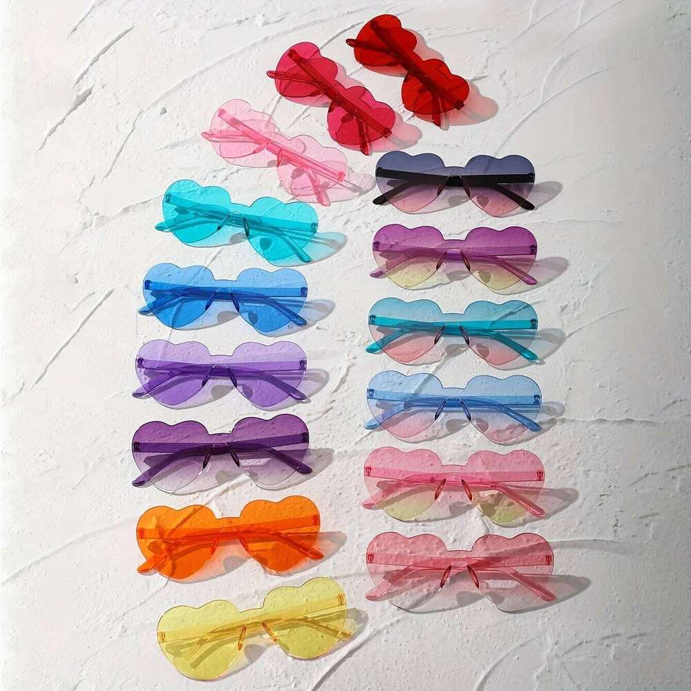 15pcs Heart Shaped Rimless Sunglasses Women Men Cute Cat Eye Candy Color One Piece Shades Sun Glasses Party Eyeglasses UV400