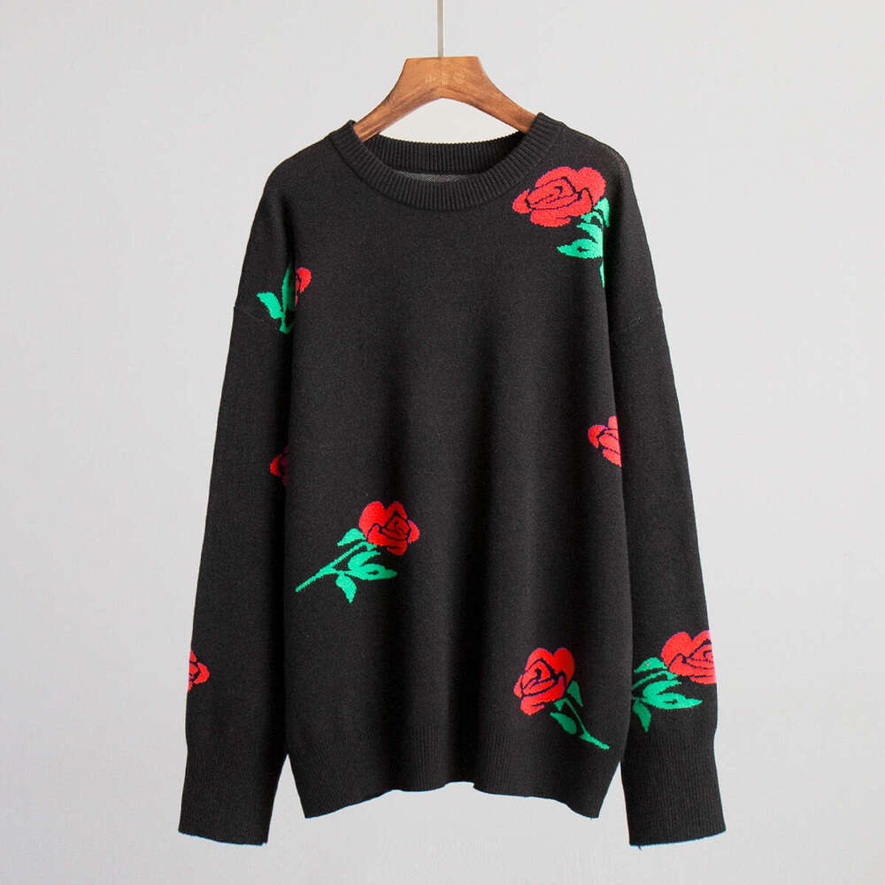 Autumn Winter New Women's Versatile Loose Colorful Rose Round Neck Sweater B5