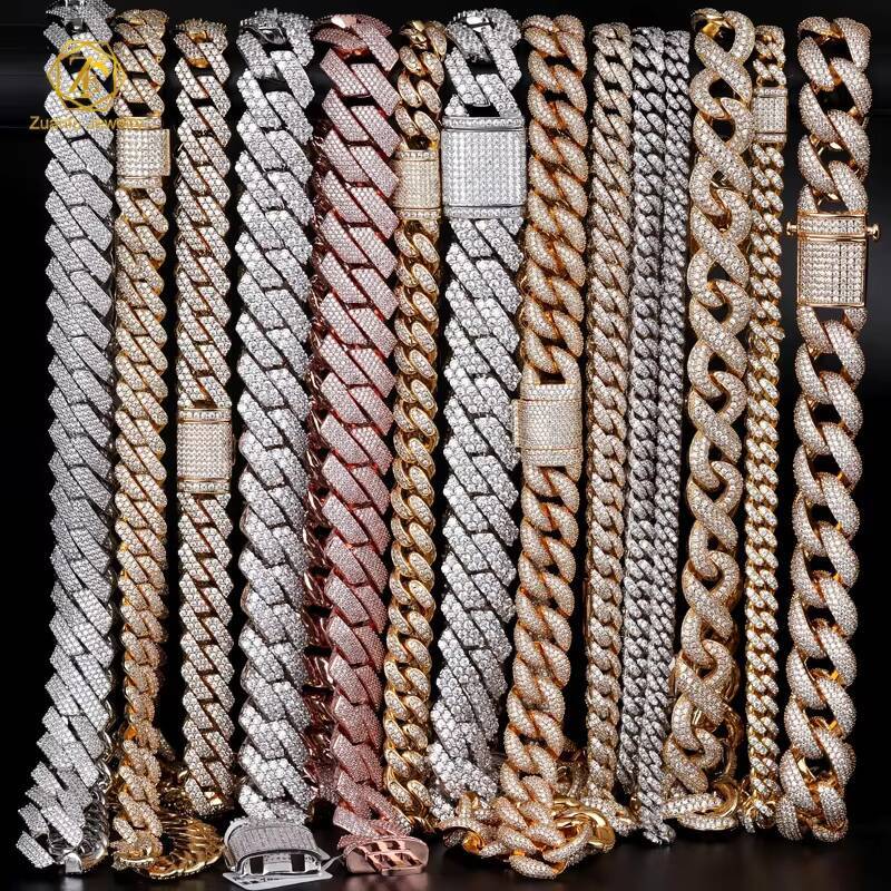 Wholesale Choker 18k Gold Plated Custom Cuban Link Chain Solid 925 Sliver Diamond Chain 12mm Moissanite Cuban Chain Necklace