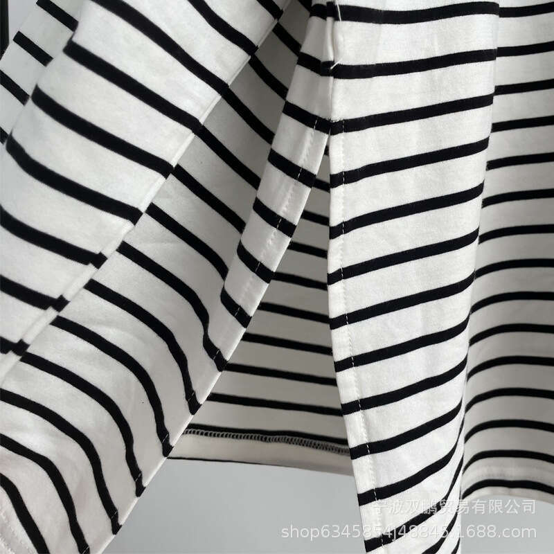 Spring Summer Fashion Loose Cotton Striped T-Shirt For Women Casual Round Neck Long Sleeve Split Top Style B5