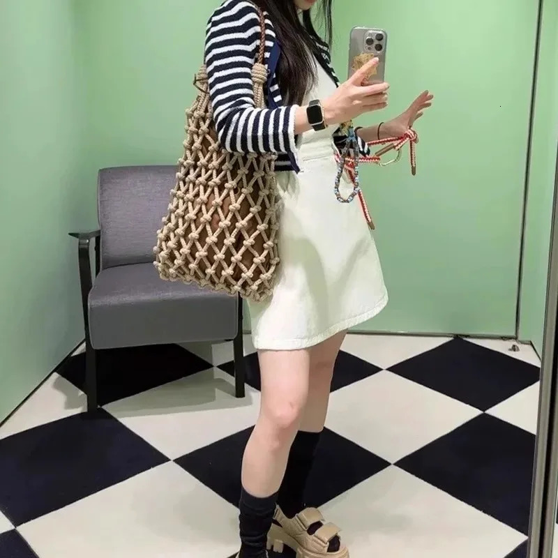 Summer Beach Bag For Women Mesh Rope Knitted Bucket Shoulder Bags Reticulate Hollow Travel Shopper Ladies Fashion Handbag 250624