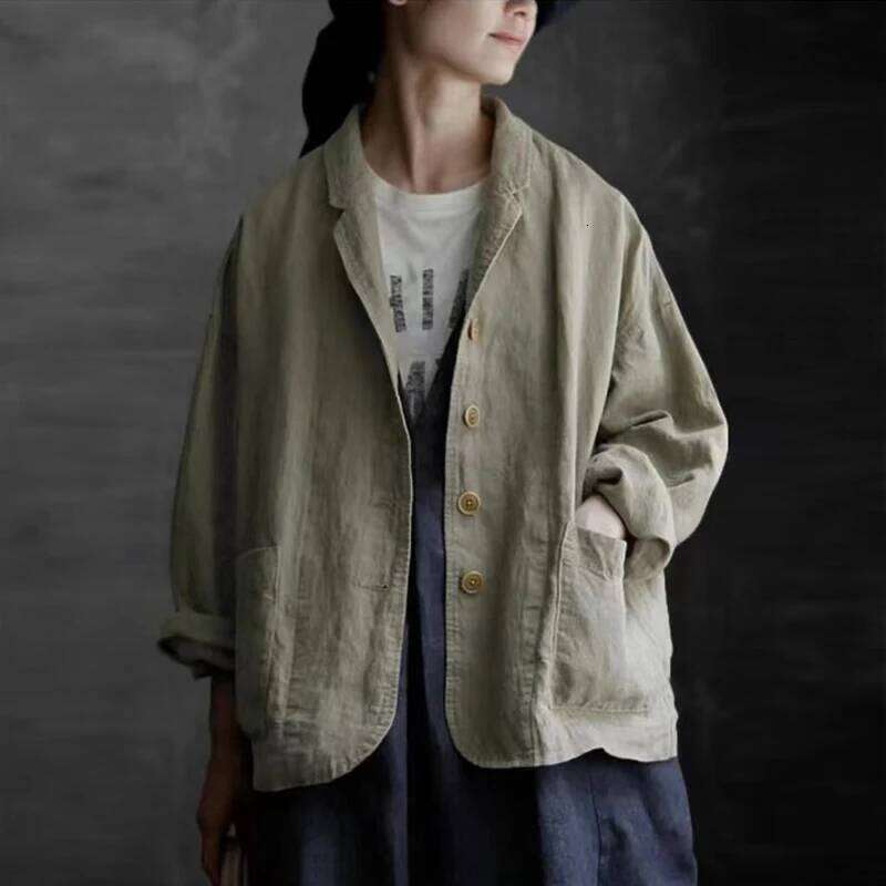 Designer Clothing Johnature Spring New Vintage Jackets 2025 Linen Turn-Down Collar Simple Casual Loose All Match Button Pockets Women Coats Fashion