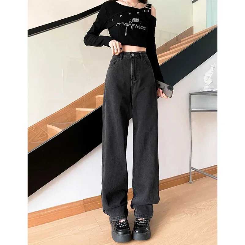 Korean Retro Classic Jeans Womens Wide Leg Pants Mom Femme Black Y2K Jeans High Waist Womens Trousers Pants Womens Pants R250716