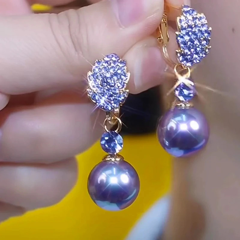 Unique Purple Rhinestone Leaf Pearl Pendant Earrings for Women Elegant Exquisite Temperament Girls Daily Wear Jewelry 250716
