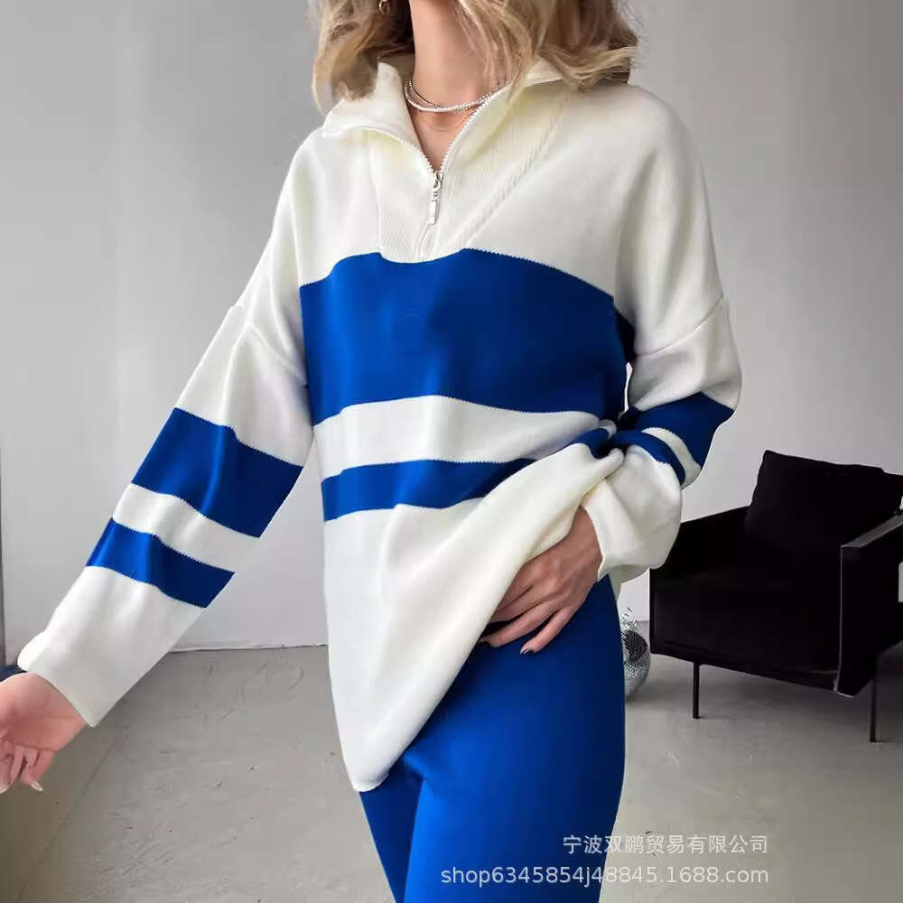 Style Loose Sweater For Women Thickened Autumn Winter Solid Color Zipper Top And Leg Pants Casual Two-Piece Set B5