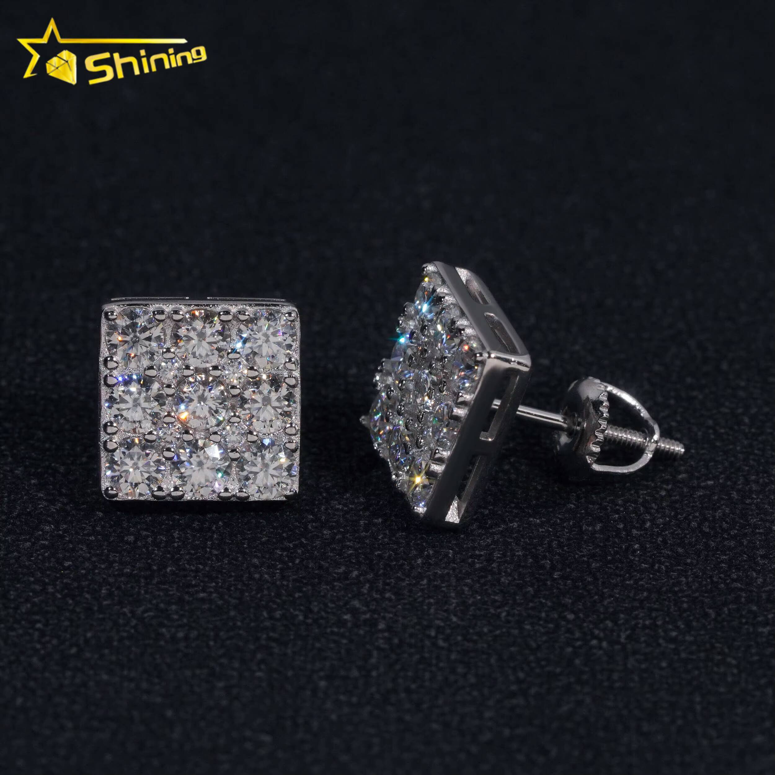 Pass Diamond Tester GRA Certified VVS Diamond 925 Sterling Silver Men Earring Square Moissanite Stud Earrings