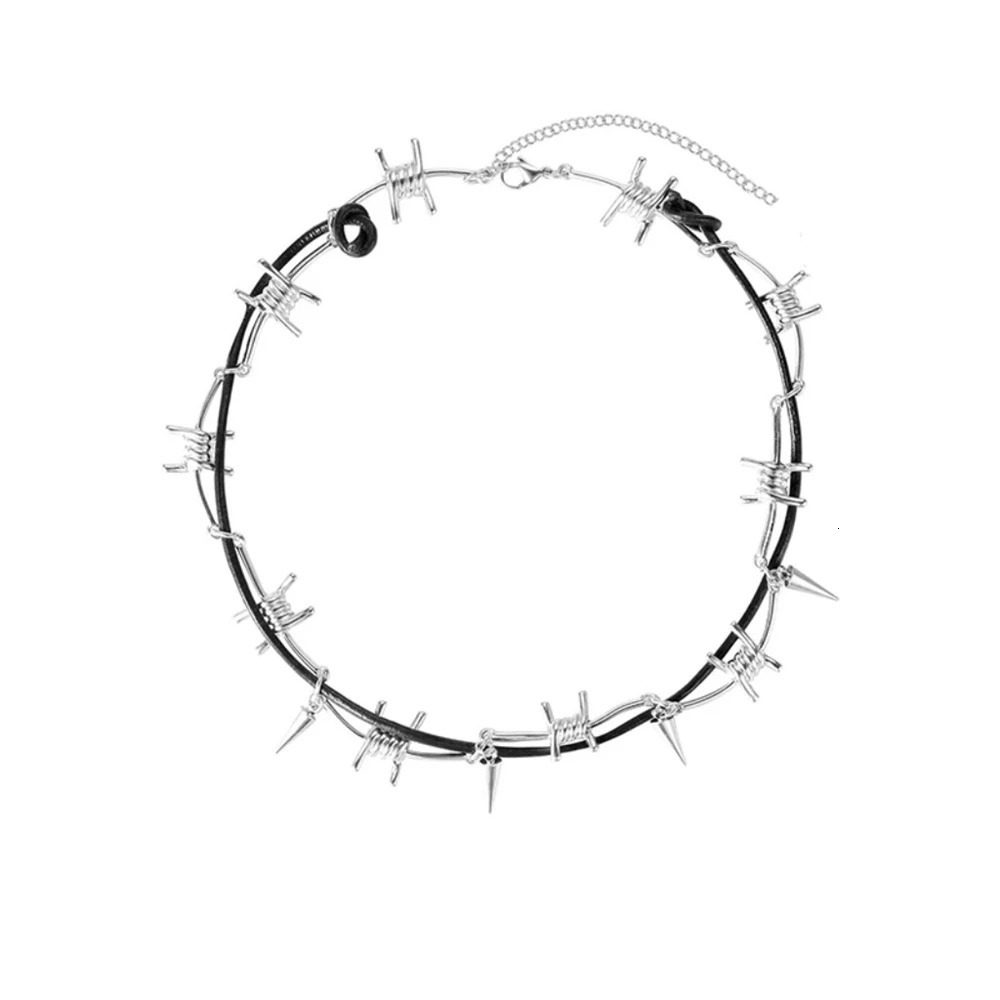 Gothic Barbed Wire Rivet Leather Double Layer Choker Necklace Punk Rock Twisted Thorned 90S Necklace Unisex Men Women Necklace 250716