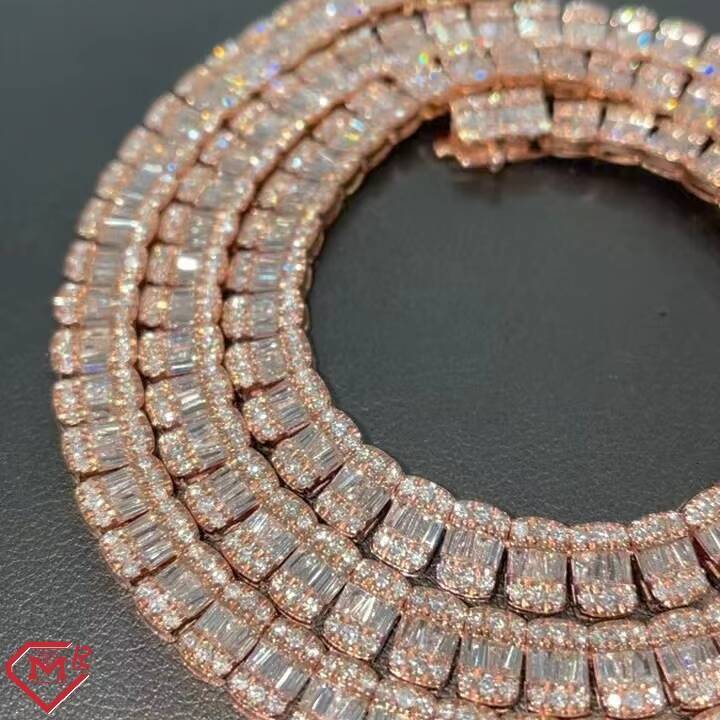 Hot Selling Elegant Baguette Tennis Necklace Iced Out Rose Gold Plated S925 Vvs Diamond Chain Silver Moissanite Tennis Chain