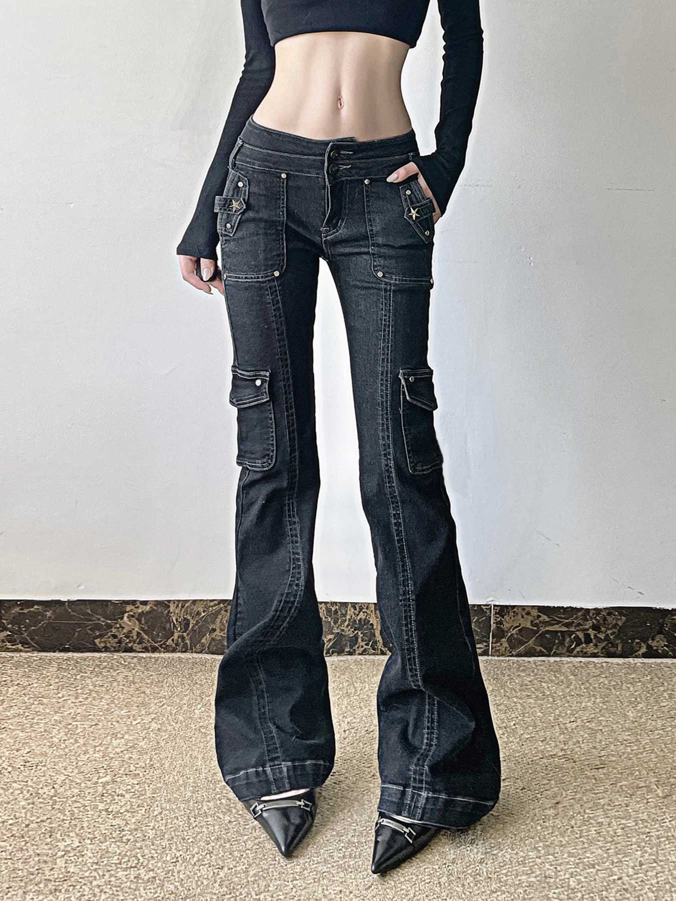Weekeep Punk Style Star-shaped Rivet Jeans Low Rise Multi-pockets Patchwork Denim Cargo Pants Korean Fashion Hippie Flared Jeans R250716