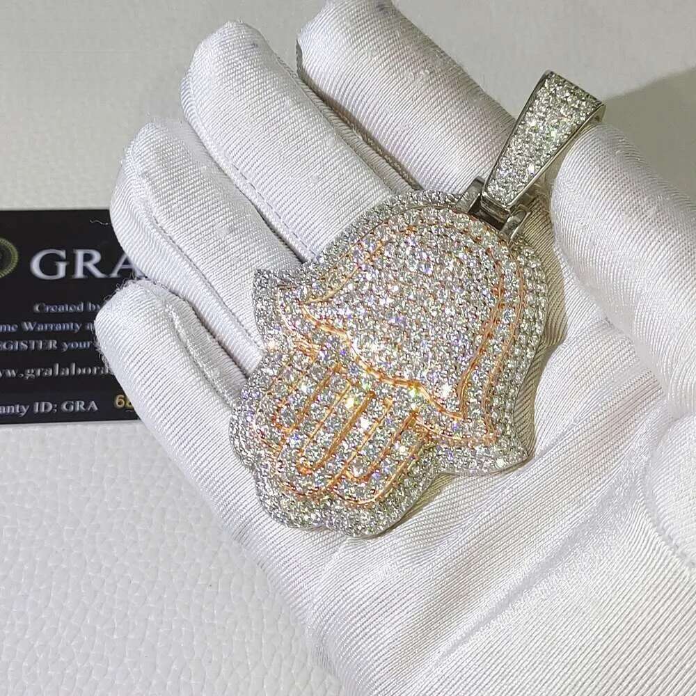 Custom Iced Out Hamsa Penadnt Teo Tone Rose and White Hip Hop Fashion Moissanite Jewelry Sier Lab Dia Hand Pendants