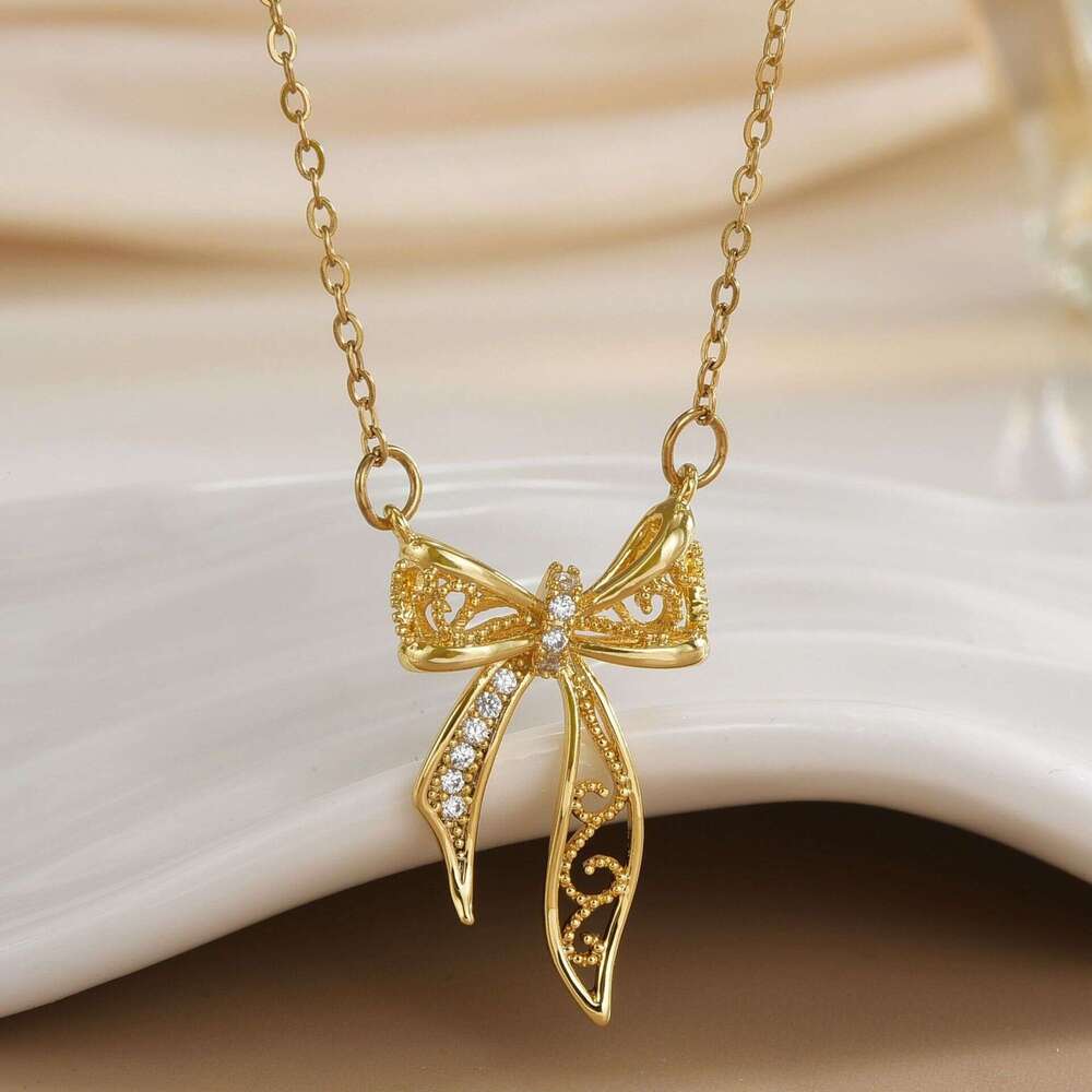 Internet Celebrity Bow Necklace Ins Style Student Sweet Cool Girl Collarbone Chain Versatile Light High-End Accessory 3D6