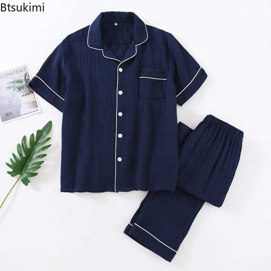 2025 Mens Pajama Sets 100% Cotton Crepe Casual Homewear Two Pieces Short Sleeve Tops and Pants Men Simple Lounge Sleepwear Suit W250717
