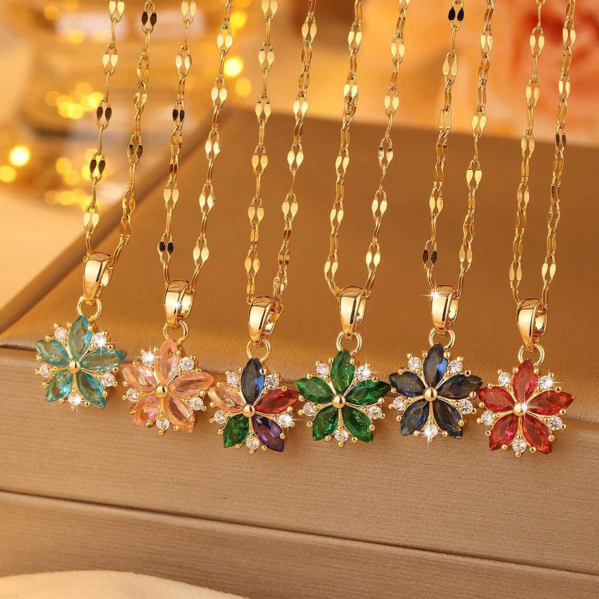 New Sweet Pink Cherry Blossoms Pendant Stainless Steel Necklaces For Women Korean Fashion Temperament Clavicle Chain Jewelry XJ250717