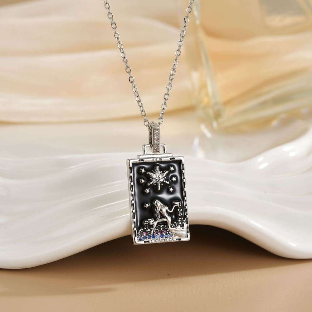 Vacation Style Colorful Tarot Card Necklace Square Inlaid Zircon Pendant Seahorse Dolphin Palm Tree Marine Life Clavicle Chain For Women F38