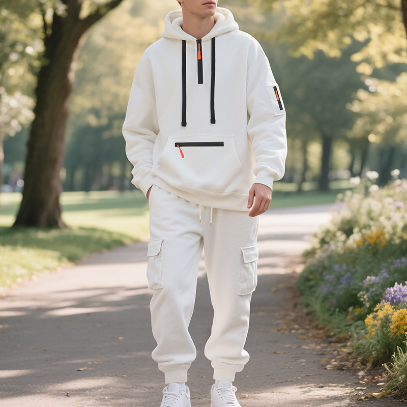 Hoodie Sweatshirt with Zipper and Multiple Pockets Pullover Men's Sports Casual Top Two-Piece Set