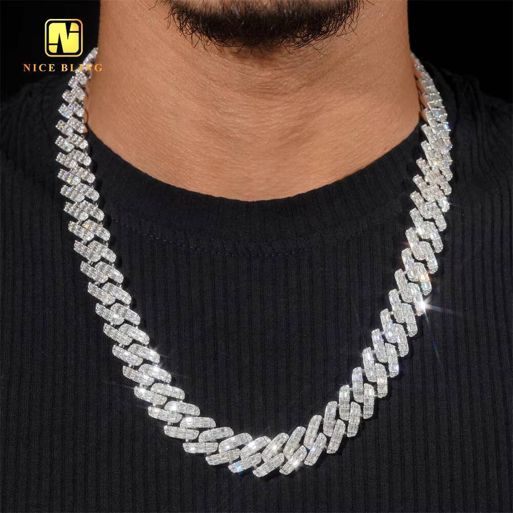 Iced Out Mens Jewelry Hip Hop Sparkle 925 Sterling Silver 15MM VVS Moissanite Baguette Diamond Cuban Link Bracelet Necklace