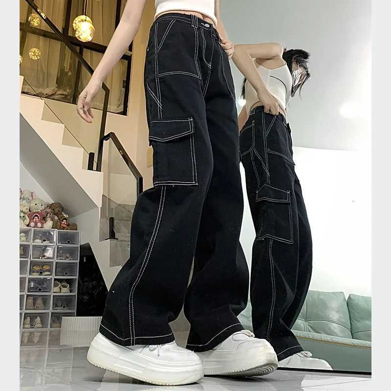 2024 Women Retro Streetwear High Waisted Denim Pants Lady Baggy Straight Leg Wide Leg Pants Girls Fashion Casual Black Trousers R250716