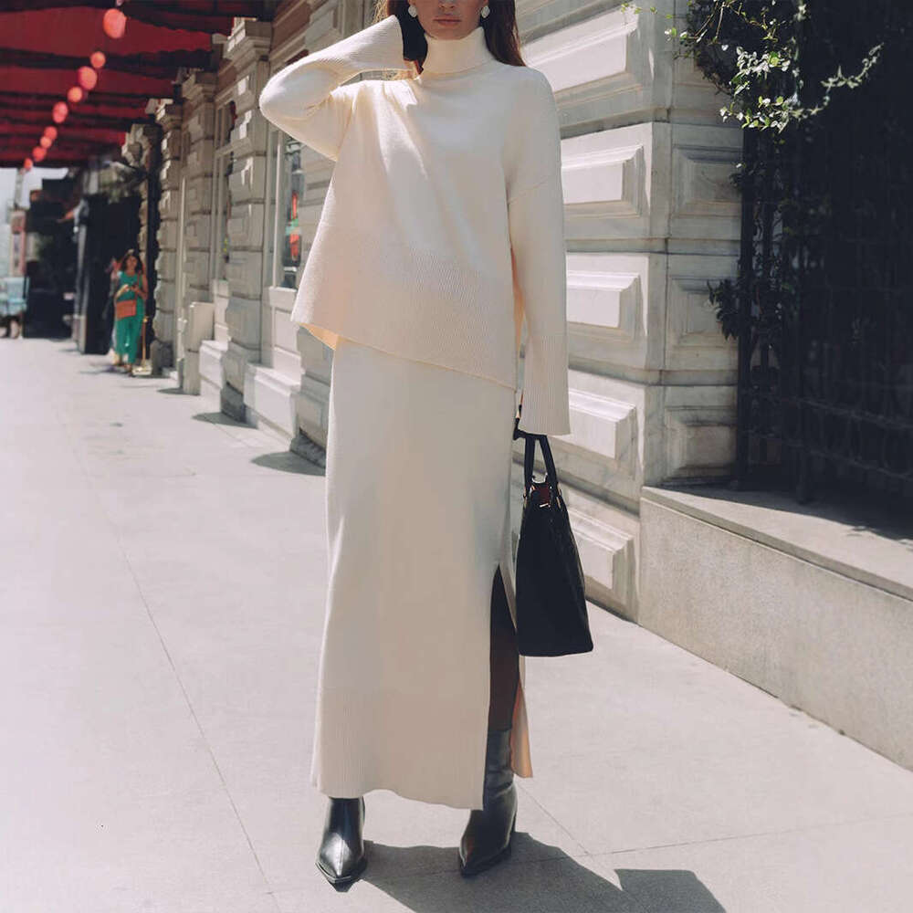 Knitted For Women Autumn Winter New Style Elegant Loose Sweater With Slit Skirt Set B5