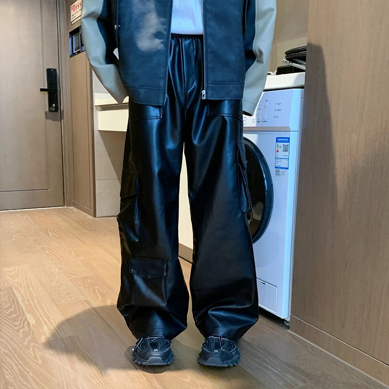 Autumn Mens Pu Leather Pants Wide Leg Cargo Trousers Motorcycle Streetwear MultiPockets Elastic Waist Black Joggers MXXL 250704