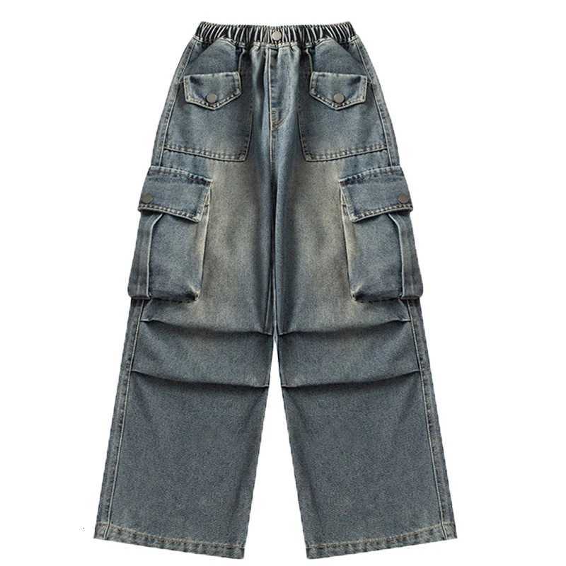 Kids Vintage Distressed Jeans with Pocket For Girls Y2K Fashion High Street Denim Pants Teens Child Baggy Cargo Jeans Trousers R250716