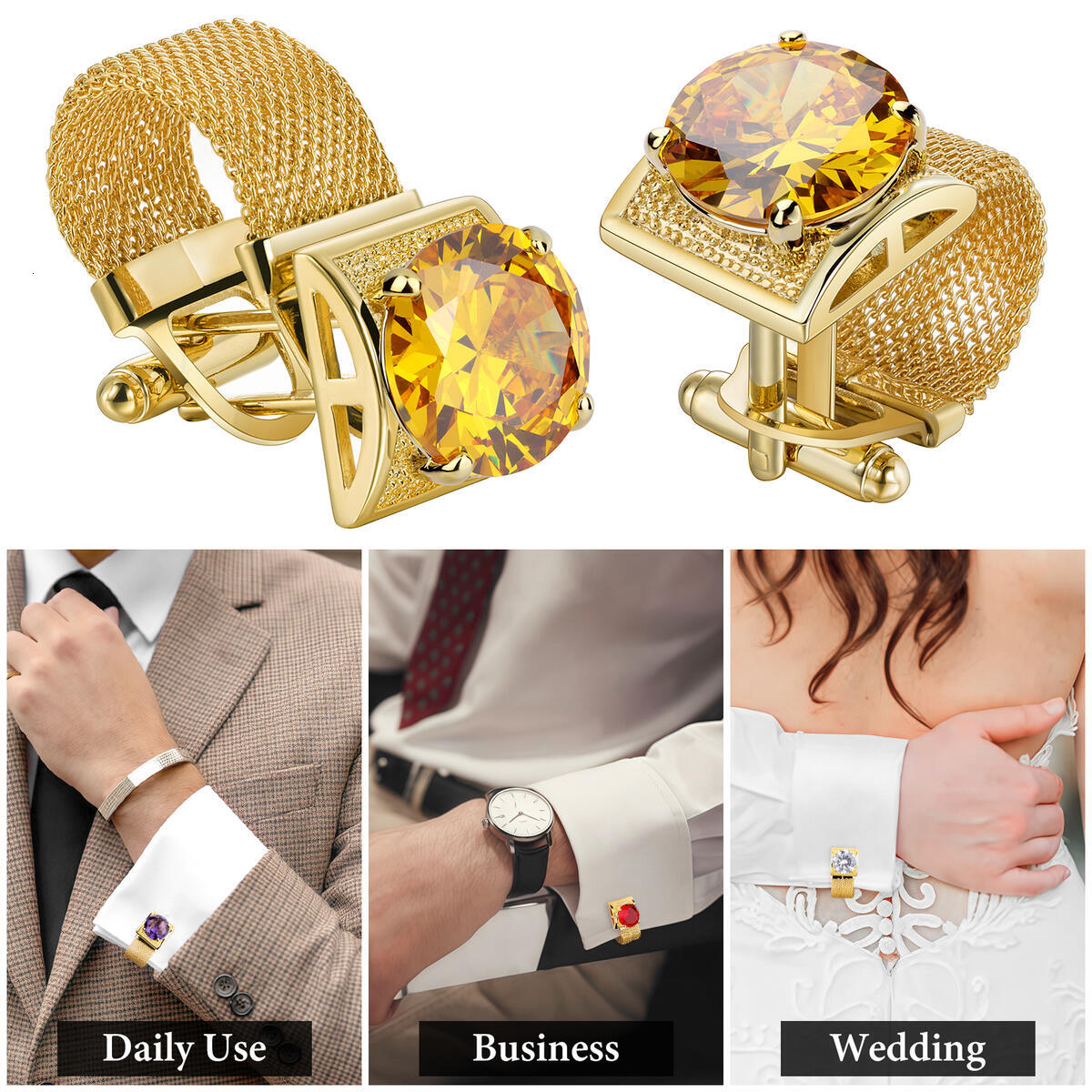 HAWSON Mens Crystal Cufflinks with Chain-luxury Shiny French Shirt Cufflinks wedding business gift accessories, Birthstone cuff