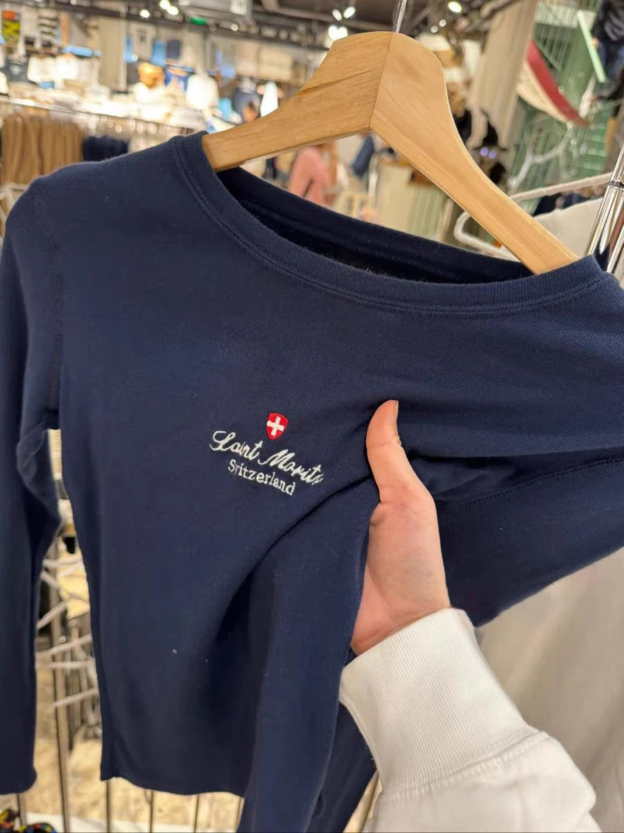 Letter Embroidery Long Sleeve T-shirt Woman Autumn Round Neck Cotton Slim Tee Shirt Navy Vintage Streetwear Sweet Tshirt Y2k Top 250717