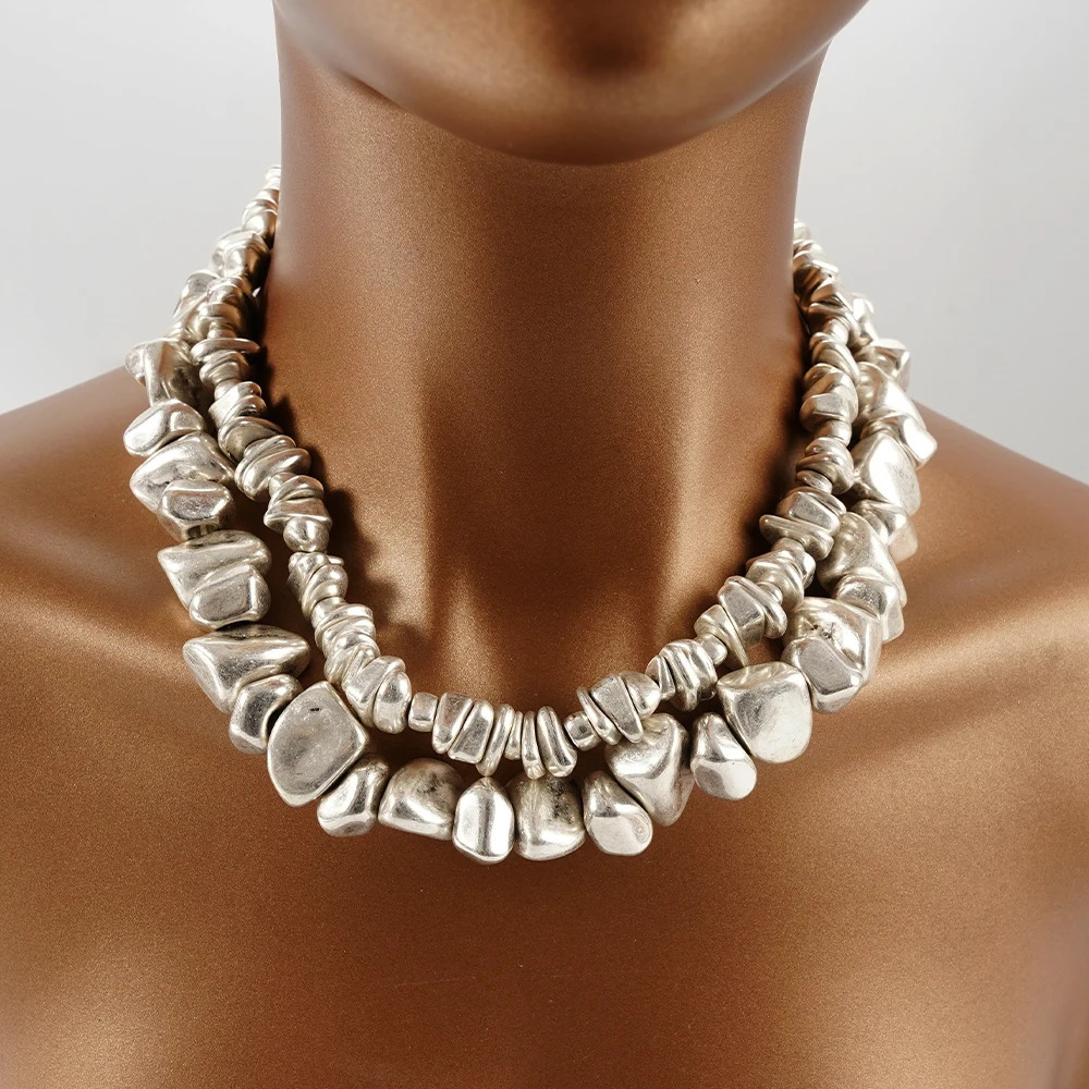 Antique Silver Couples Double-Layer Necklace Set Irregular Heavy Durable Jewelry for Everyday Travel Fashion Accessory 250716