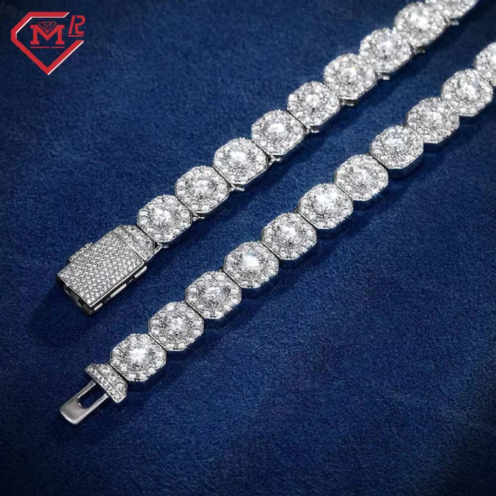 Hiphop 10MM Tennis Chain Clustered Square Iced Out 925 Sterling Silver Moissanite Tennis Chain
