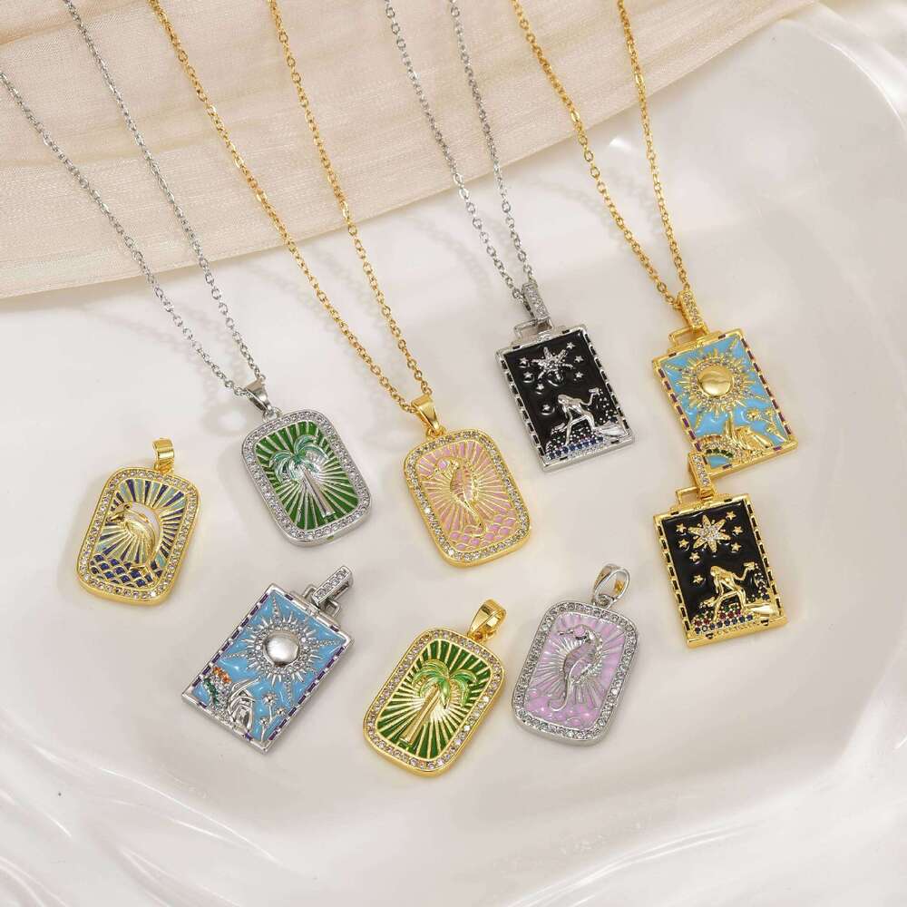 Vacation Style Colorful Tarot Card Necklace Square Inlaid Zircon Pendant Seahorse Dolphin Palm Tree Marine Life Clavicle Chain For Women F38