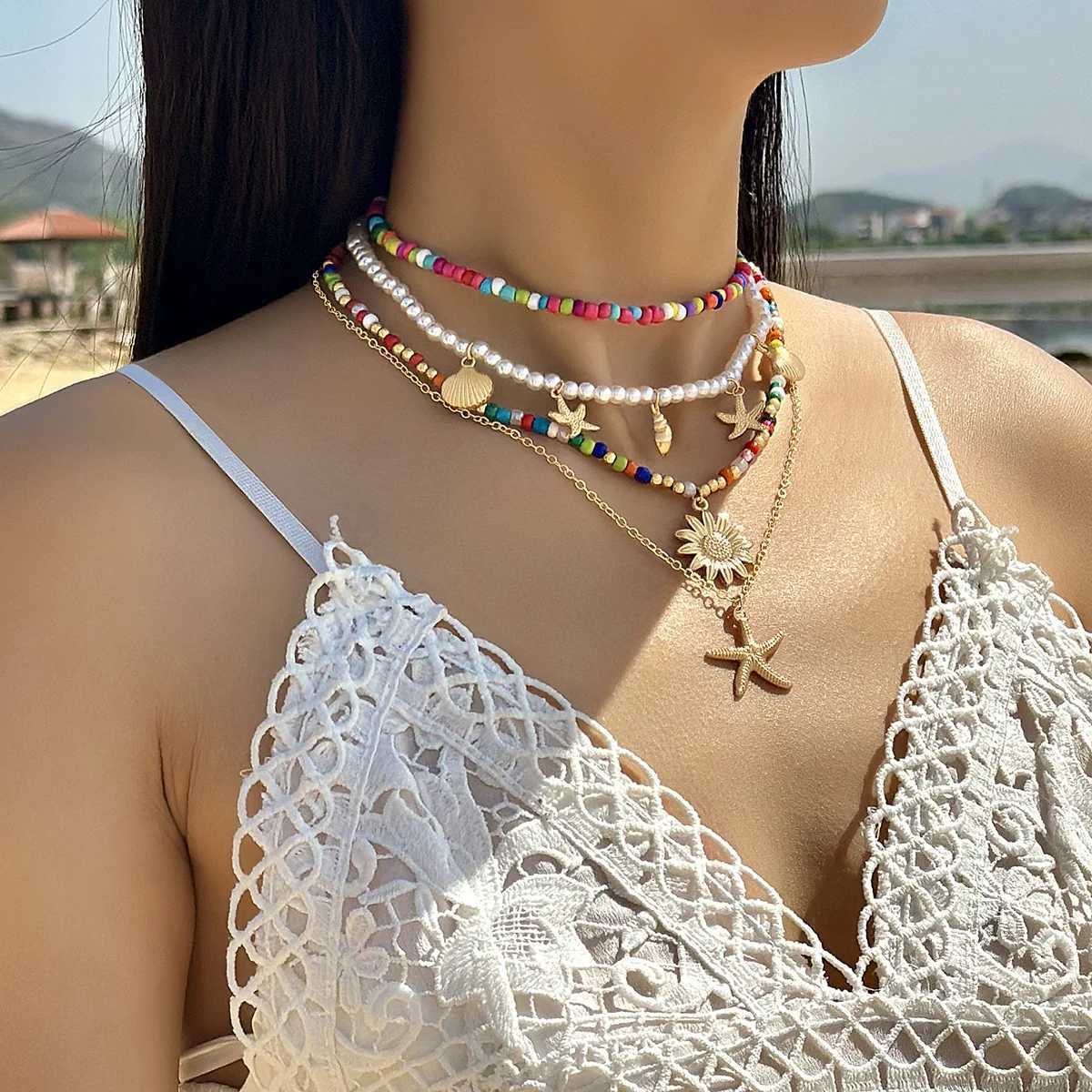 Tocona Bohemia Starfish Shell Flower Pendant Necklace for Women Fashion Pearl Stone Color Measle Necklaces Jewelry Party 26860 XJ250717