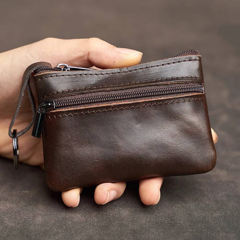 Genuine Leather Mini Coin Purse Head Layer Cowhide Card Bag Handmade Zipper Car Short Lady Wallet Key Case