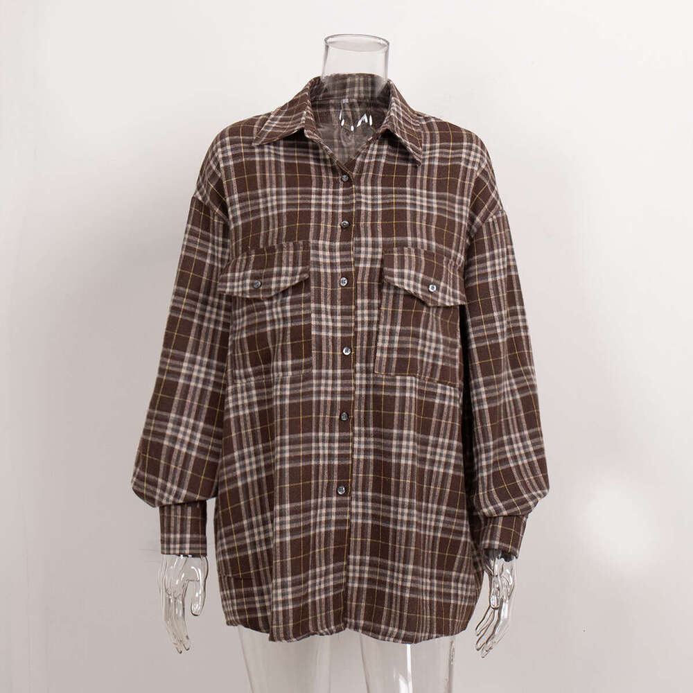 For Women Autumn New American Style Double Pocket Plaid Striped Mid-Length Shirt B5