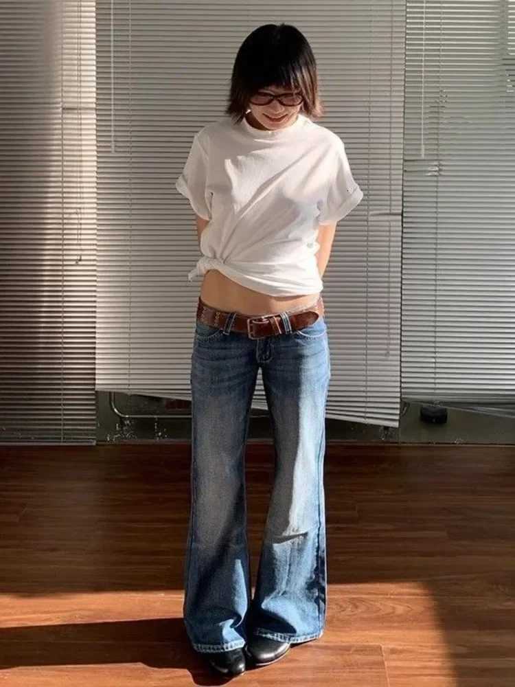 HOUZHOU American Retro High Street Spicy Girls Low Waist Jeans Women Vintage Y2k Harajuku Baggy Solid Denim Flared Pants 2025 R250716
