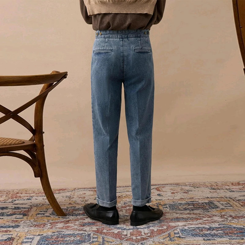 Mens Naples Slim-fit High Waist Dress Denim Pants Fashion Solid Color British Retro Premium Elegant Leisure Trousers 250707