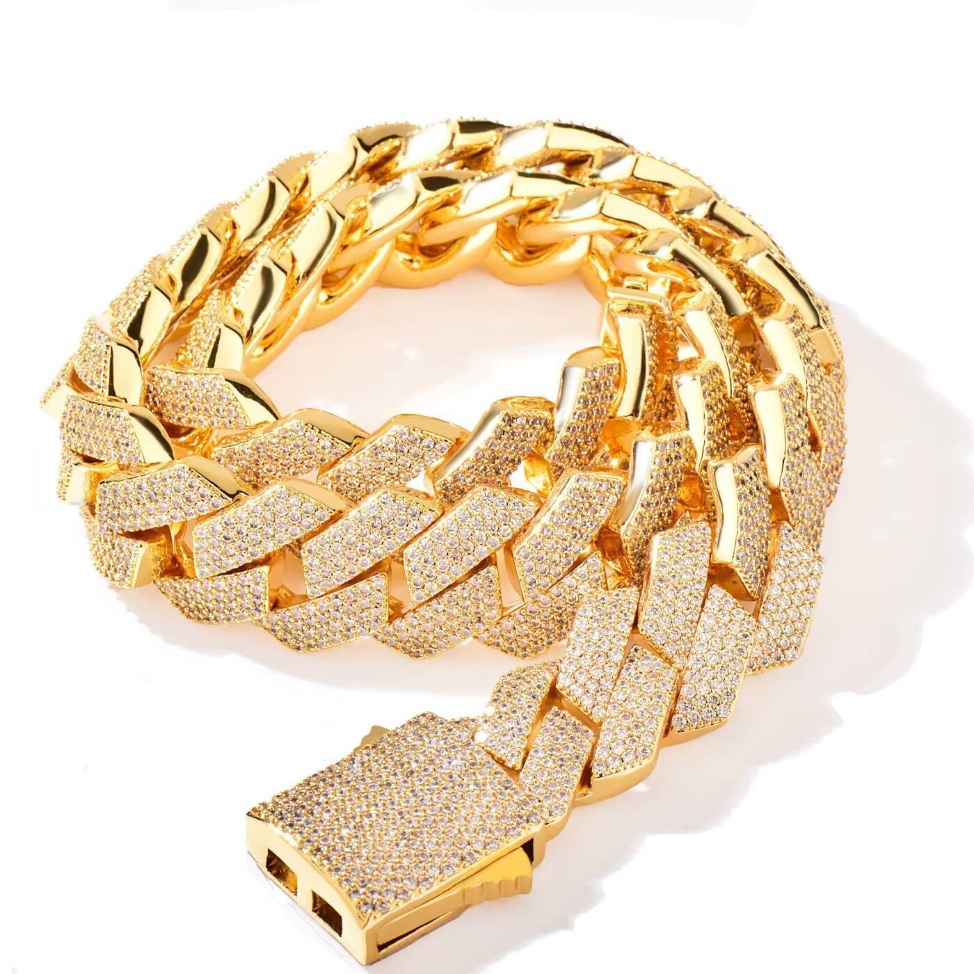 Wholesale 20mm Rhombic Cuban Link Bracelet Necklace Gold Brass Iced Bling Cubic Zircon Diamond Miami Cuban Links Chain Jewelry