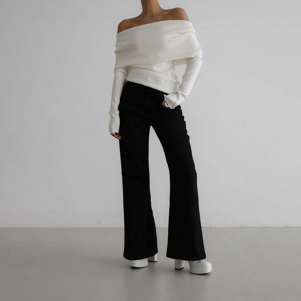 Women's Sweater Autumn Winter Long Sleeve Knitted Base Shirt Off-Shoulder Sexy Slim Fit Top B5