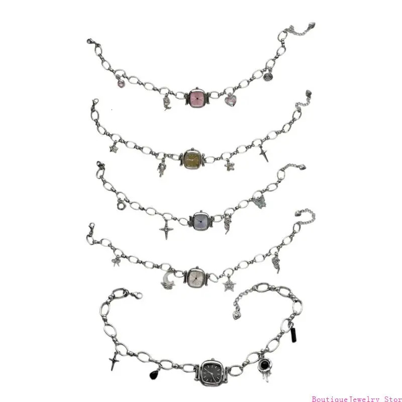 E1PE Heavy Duty Vintage Collarbone Chain Alloy Mechanical Watch Pendant Necklace Unique Sweet Cool Jewelry Gift for Women 250716