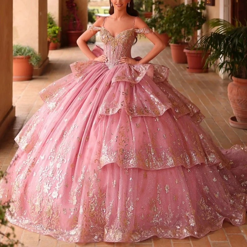 Pink Quinceanera Dresses Ball Gown Off The Shoulder Applique Lace Beads Bow Tiered Tull Party Birthday Sweet 16 Dress Vestidos 15 De Anos