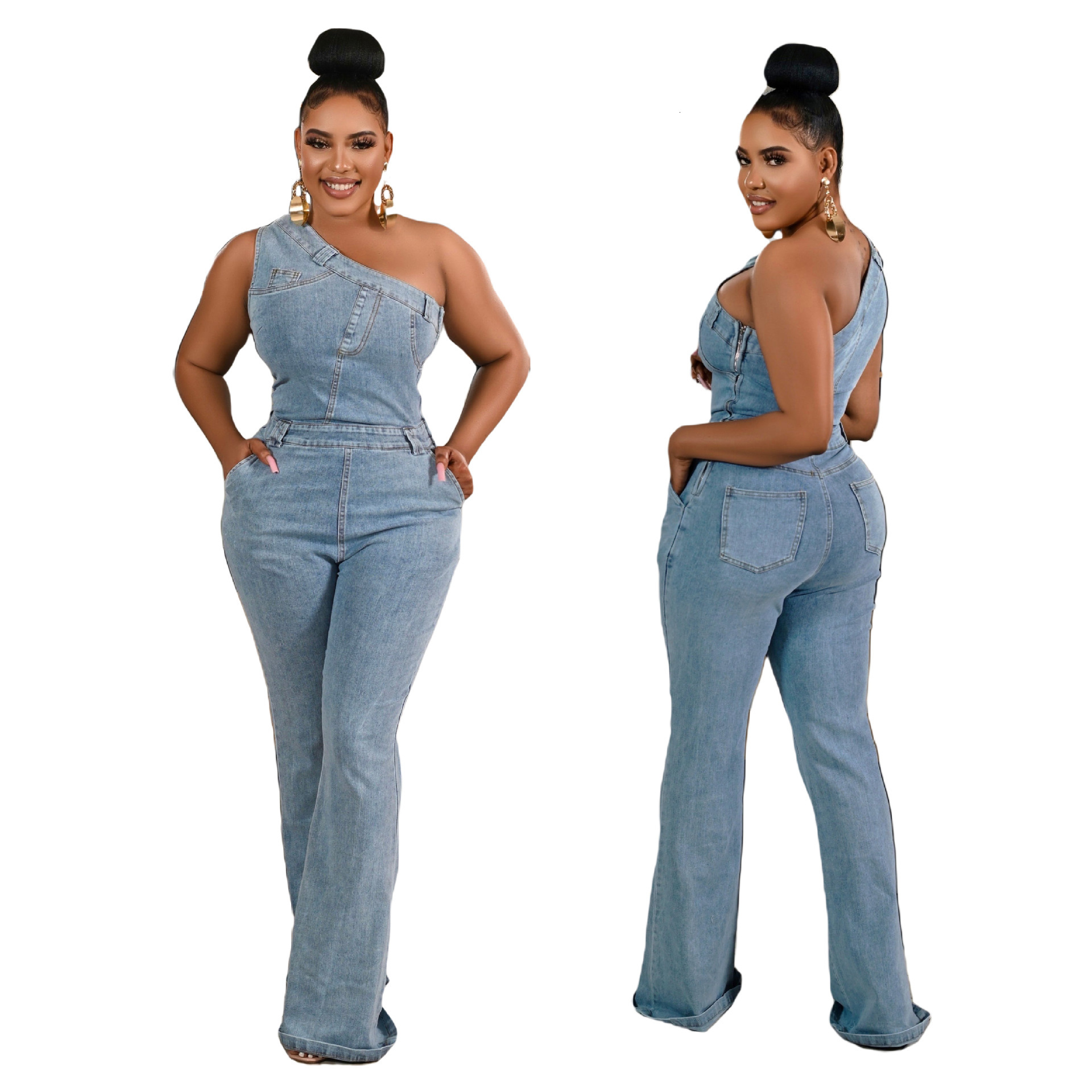 6976 diagonal shoulder tight waist slim fit elastic washed denim jumpsuit flared pants