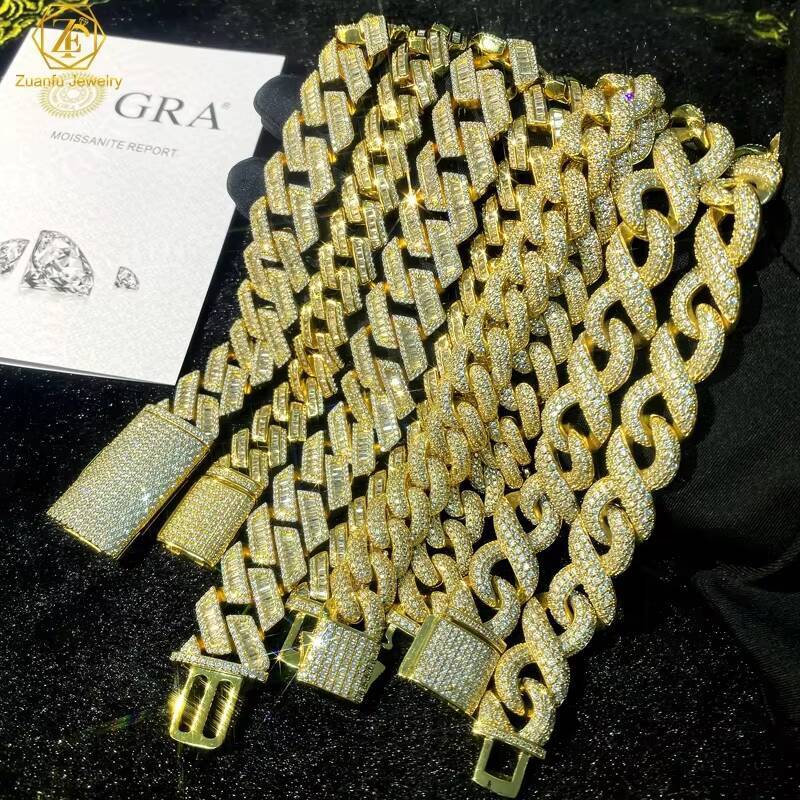 Luxury Big 20mm Hip Hop Baguette Moissanite Cuban Link Chain Gold Plated 925 Sterling Silver VVS Diamond Cuban Necklace