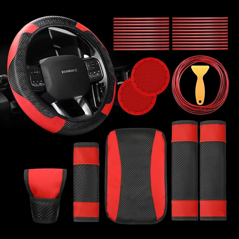 30pcs PU Leather Anti-slip Steering Wheel Cover Car Air Vent Decor Strip Air Conditioning Insert Strip With Installation Tool 250715