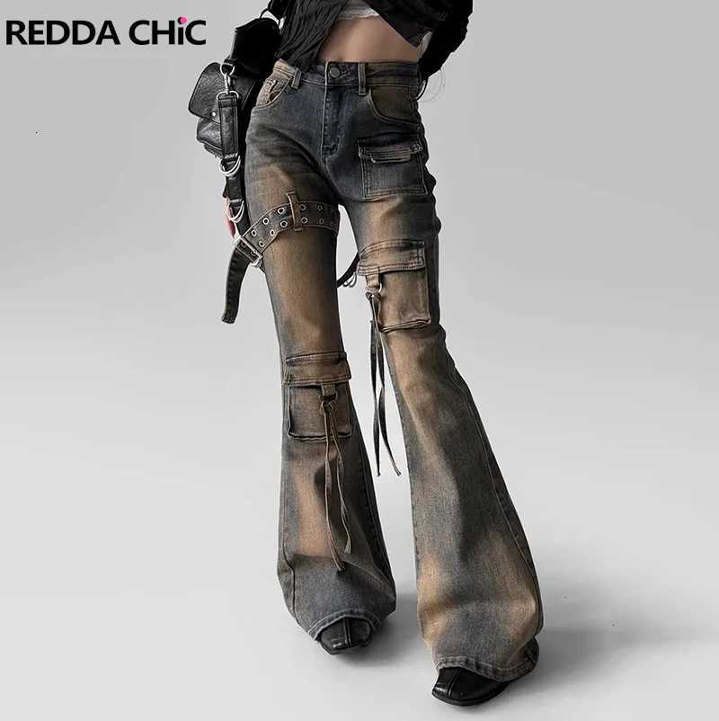 Reddachich Women Low Waist Flare Cargo Jeans Vintage Washed Belted Fitted Bootcut Pants Bell Bottoms Do Old Y2K Korean Streetwear R250716