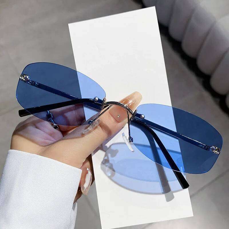 Star square frameless glasses, female hot girl blue y2k high-end street style sunglasses
