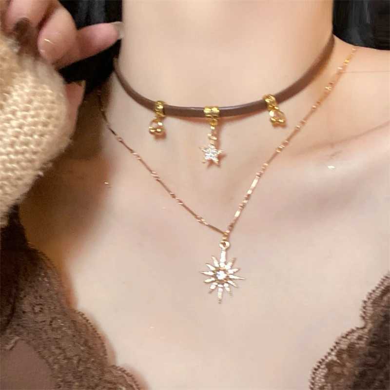 Sun Star Zircon Necklace for Women Vintage Leather Necklace Double Layered Pendant Chain Choker Fashion Jewelry XJ250717