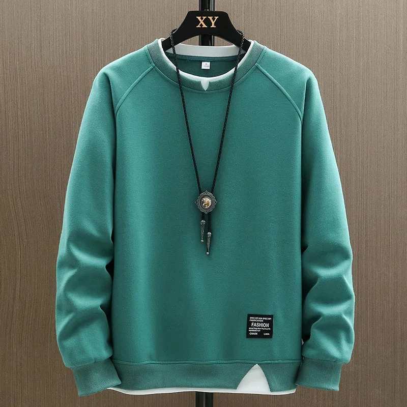 2025 Mens Casual Sweatshirts Harajuku Solid Color Fashion Fake Two Pieces O-Neck Sweatshirt Hoodies Hip Hop Male Streetwear 250707