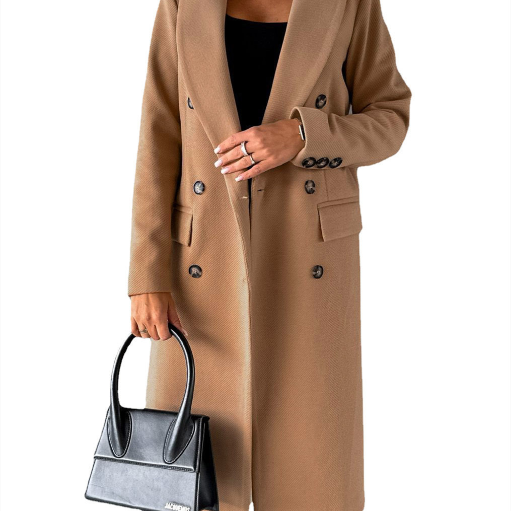 new Free shipping designer coat for women Fashionable woolen coat with solid color long sleeves double breasted pockets